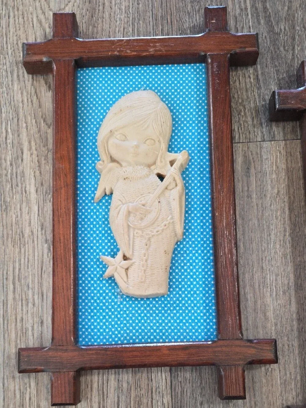 MCM Blue Backed Wall Plaque Triptych with Dark Wood Frames Vintage Angels.